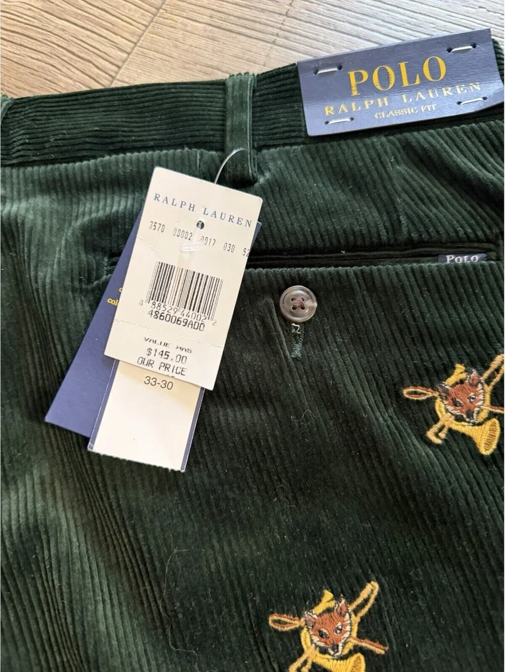 POLO Ralph Lauren Mens 33x30 Green Embroidered Corduroy Pants Fox/French NWT